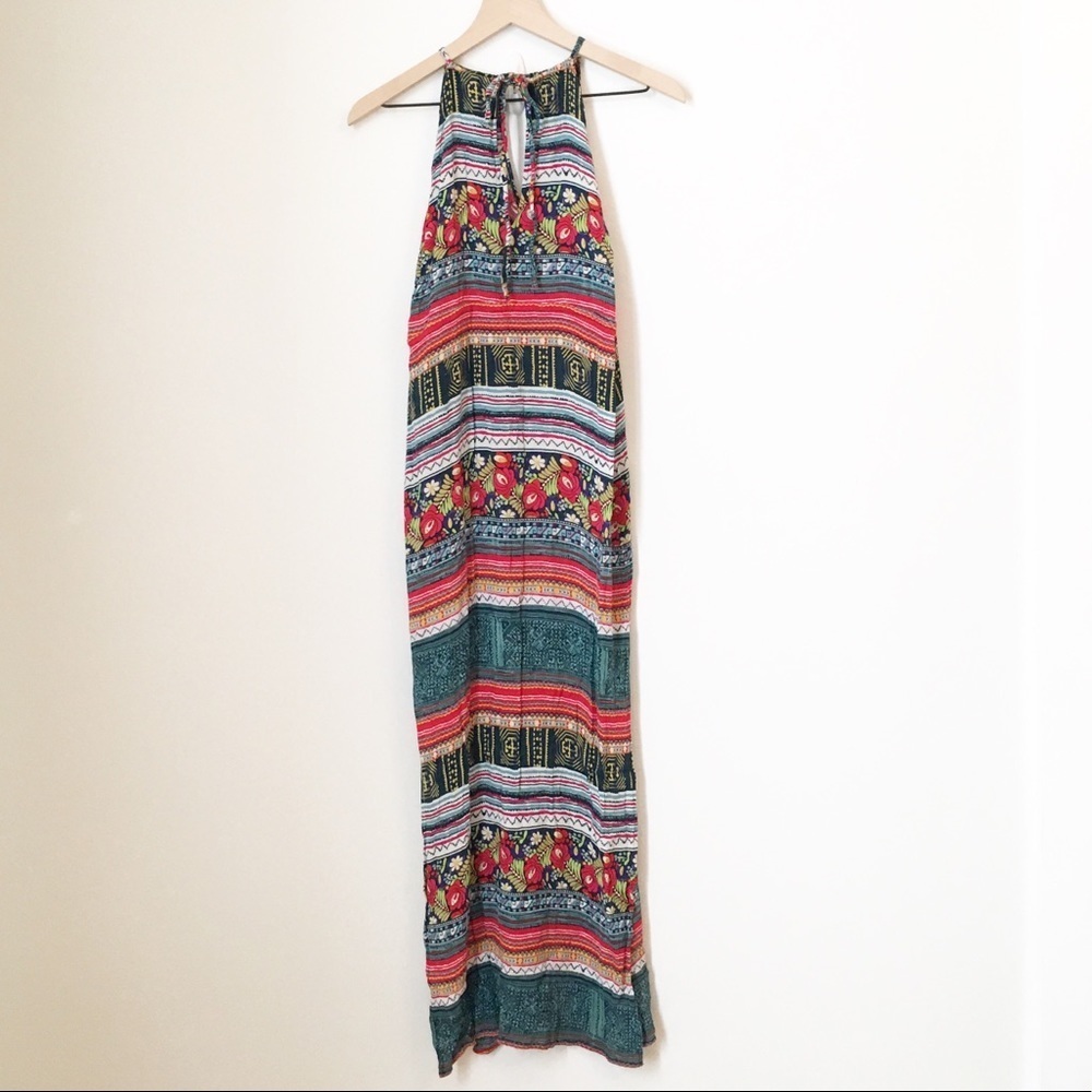 MINKPINK Tie-Neck Side Slits Colorful Maxi Dress